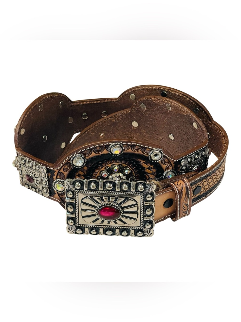 Western Tooled Leather Belt with Silver Concho Buckle Adjustable Small